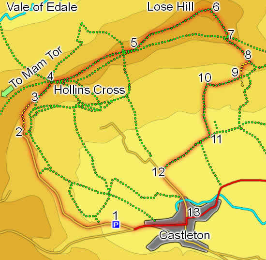 Map of walk north from Castleton